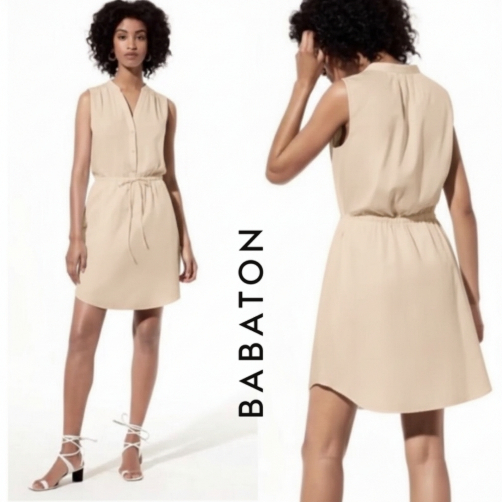 XS Aritzia Babaton 100% Silk Benedict Light Beige Sleeveless Shirt Dress